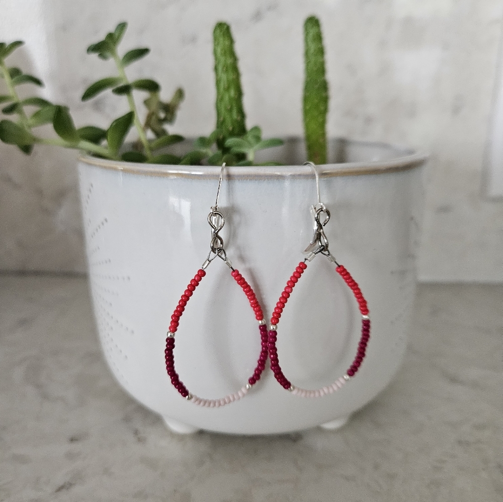 Drop Hoop, Beaded Earrings. Red & Very Light Pink W/ Silver Hypoallergenic Wire